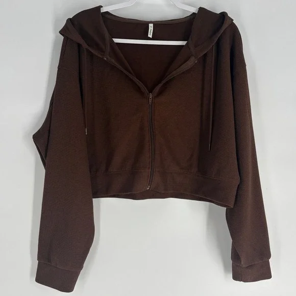Halara‎ Y2K Cropped Zip Hoodie Brown Waffle Knit Athleisure Jacket Size XL - Picture 2 of 6
